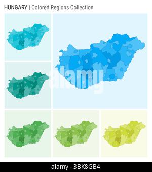 Hungary map collection. Country shape with colored regions. Light Blue, Cyan, Teal, Green, Light Green, Lime color palettes. Stock Vector