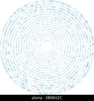 Digital data array, Abstract Concentric circles of Digits Swirling in Digital Pattern. spiral of numbers, abstract math background, big data concept Stock Vector
