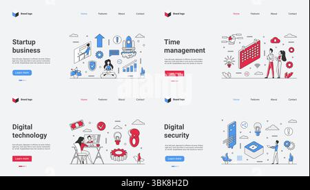 This illustration highlights key aspects of startups, focusing on time management, tech advancements, and digital security concepts, making it perfect for web templates and presentations Stock Vector