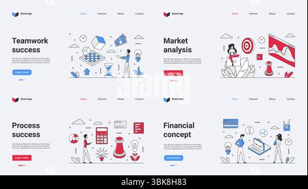 Business success relies on team collaboration, market analysis, efficient processes, and clear financial insights, forming a strategy showcaseable through an appealing web template Stock Vector