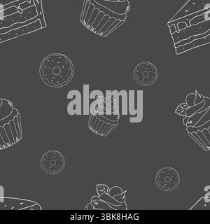 Cake, donut and cupcake. Seamless vector pattern on dark background, blackboard effect. Elements of sweet dessert for breakfast. For printing, wrapping paper. Stock Vector