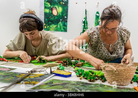 Weavers are working on a motif by Japanese artist Hayao Miyazaki, 'My Neighbor Totoro'. The motif consists of 200 shades of green. The Cité internationale de la tapisserie in Aubusson focuses on preserving, promoting, developing and communicating the centuries-old knowledge of Aubusson tapestry as cultural heritage. The institution is designed as a centre of excellence that supports craftsmanship, artistic innovation and education and training in equal measure. Rue Williams Dumazet, Aubusson, Nouvelle-Aquitaine, France Stock Photo