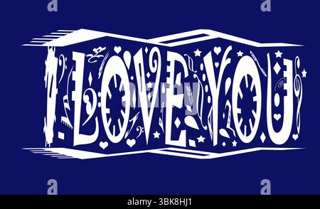 Handmade 3D "I Love You" Typography Design with Floral and Heart Elements on Dark Blue Background Stock Vector