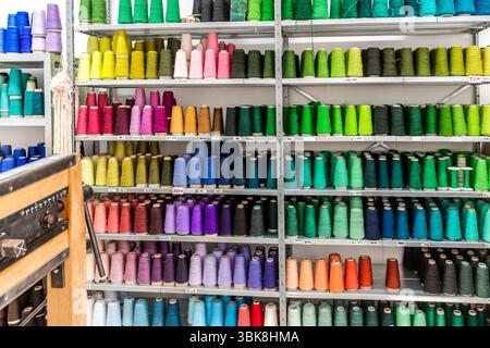 A shelf full of cones of yarn in many shades of coloured virgin wool stands at the Cité internationale de la tapisserie on Rue des Arts in Aubusson, Creuse, Nouvelle-Aquitaine, France. The cones are sorted by colour, ranging from yellow, pink and red through violet and blue to numerous shades of green. A bundle of pale threads hangs on the left, in front of a wooden device with metal fittings. A tapestry with a contemporary motif, such as those from the series "The imaginary world of Hayao Miyazaki", can have up to 200 colours. The Cité internationale de la tapisserie has its own creative work Stock Photo