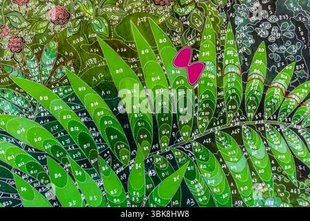 Template with colour specifications for the weavers. The carpet, featuring a motif by Japanese artist Hayao Miyazaki, 'My Neighbour Totoro', consists of 200 shades of green. The carpet will measure 31 square metres. Cité internationale de la tapisserie. Rue Williams Dumazet, Aubusson, Nouvelle-Aquitaine, France Stock Photo
