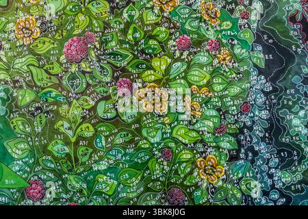 Template with colour specifications for the weavers. The carpet, featuring a motif by Japanese artist Hayao Miyazaki, 'My Neighbour Totoro', consists of 200 shades of green. The carpet will measure 31 square metres. Cité internationale de la tapisserie. Rue Williams Dumazet, Aubusson, Nouvelle-Aquitaine, France Stock Photo