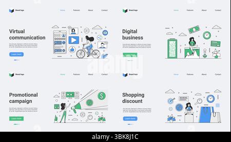 This illustration emphasizes the importance of virtual communication, digital strategies, promotions, and shopping discounts, making it a versatile web template vector for various applications Stock Vector