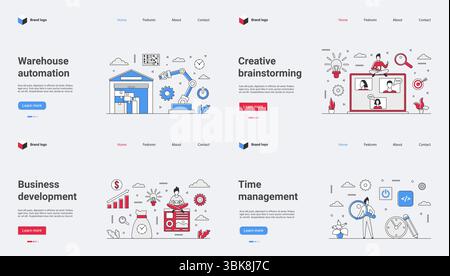 Our minimalist web templates cater to warehouse automation, brainstorming, business development, and time management, enhancing your digital marketing and boosting your online presence Stock Vector