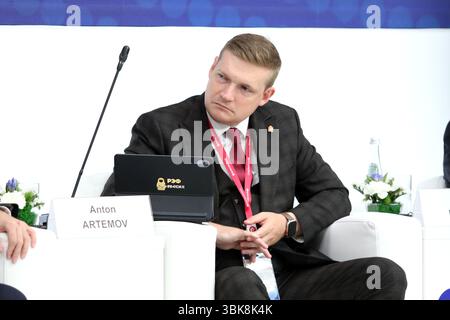 Saint Petersburg, Russia. 18th June, 2025. Anton Artemov, Deputy Chairman of the Government of the Chelyabinsk Region during the Small Business in Cities: Dialogue on Mutual Development. Role, Problems, and Prospects session of the XXVIII St. Petersburg International Economic Forum at the Expoforum Convention and Exhibition Center in St. Petersburg. Credit: SOPA Images Limited/Ģ����ý Live News Stock Photo
