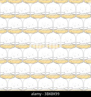 Glass of champagne Seamless pattern. Vector graphic line ink illustration. Silhouette sign for logo, print, comics, fashion, pop art, boards, design, Stock Vector