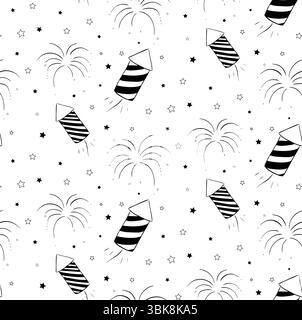 Fireworks and firecrackers Seamless pattern. Vector graphic line ink illustration. design for fashion graphics, textile prints, fabrics, wallpapers. C Stock Vector