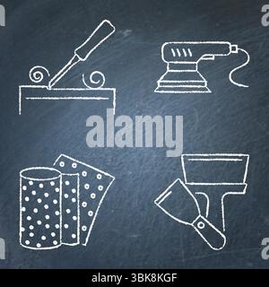 Furniture renewal tools chalkboard icon set. Scraper craft instruments. Chisel, orbital sander, sandpaper and putty knife. Vector illustration Stock Vector