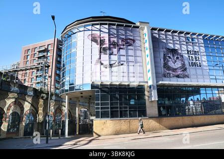Exterior and entrance of Battersea Dogs and Cats Home, Nine Elms, London, England, UK.  animal rescue centre, animal welfare, animal refuge Stock Photo