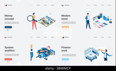 This modern finance web template features a variety of concepts related to money, including trend analysis, various financial activities, and more. It is perfect for a range of financial services Stock Vector
