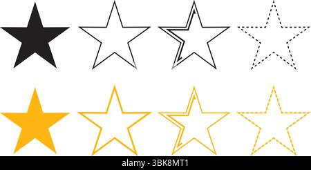 Set of various star icons in black and yellow with different outlines and styles. ideal for ratings, reviews, UI design, and feedback systems. Stock Vector
