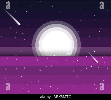 Starry night sky with glowing moon, shooting stars, and a purple gradient background. Ideal for wallpapers, space cosmic themes, and fantasy art. Stock Vector
