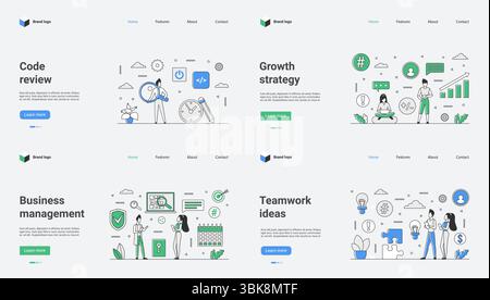 Conducting a thorough code review, developing a growth strategy, managing operations effectively, generating teamwork ideas, and creating vector illustrations for web template design Stock Vector