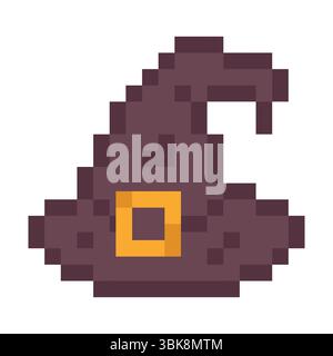 Purple hat with buckle in pixel style with curved top fits for retro game magic or Halloween themes Stock Vector