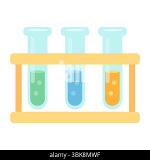 Three clear tubes with green blue and orange solution in wooden holder in minimal flat style Stock Vector