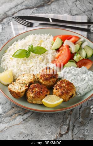Chicken meatballs with sun-dried tomatoes, feta cheese and aromatic spices served with lemon rice and vegetable salad close-up in a plate on the table Stock Photo