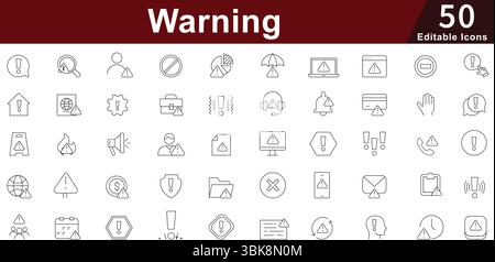 Warning Alert Icon Set - 50 Editable Safety Caution Icons for Emergency, Security and Risk Management Vector Collection Stock Vector