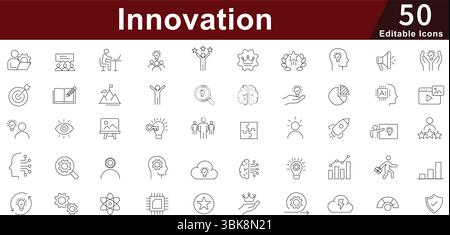 Innovation Icon Set - 50 Editable Creative Development Icons for Startup, Research and Digital Transformation Vector Collection Stock Vector