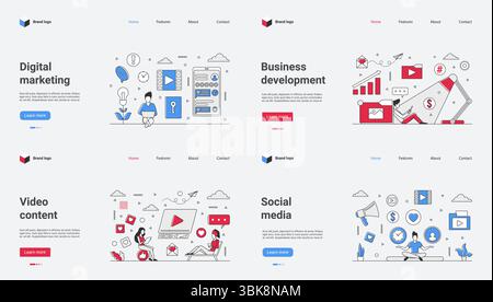 Digital marketing includes strategies like business development, engaging video content, social media management, web design, and vector graphics, using online techniques and creative agency tools Stock Vector