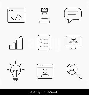Minimal outline icons Set for Web Development and Business Strategy ideal for planning and innovation or tech design projects, vector illustration Stock Vector