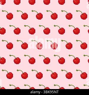 Seamless pixel art cherry pattern. Repeating red cherries with green stems on a soft pink background. Cute and simple summer fruity design for textile Stock Vector