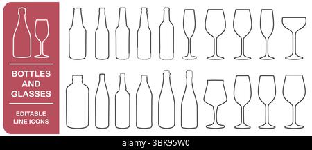 Set of different wine glasses and beer bottles icon symbols. Editable stroke line icons collection. Vector illustration image. Wine glass and bottles Stock Vector