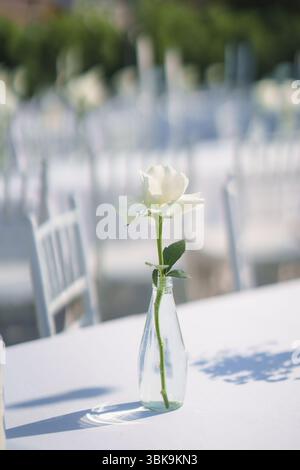 Elegant outdoor wedding long table with candle, white rose flower and white chairs in the garden on marriage festive Stock Photo