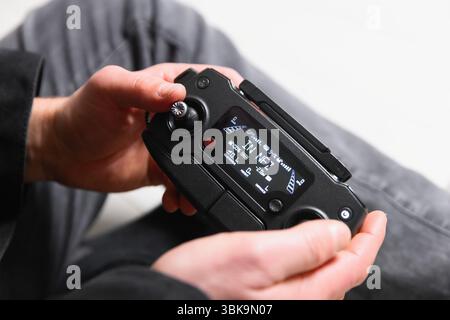 No flight zone displaying on drone controller closeup Stock Photo