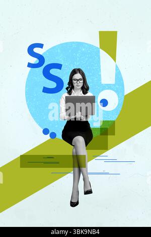 Poster trend collage of worker person sit use gadget on blue background with letter s circle shape element Stock Photo