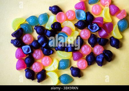 London UK, June 19 2025, Selection of Colourful Fruit Flavoured Gum Sweets Stock Photo