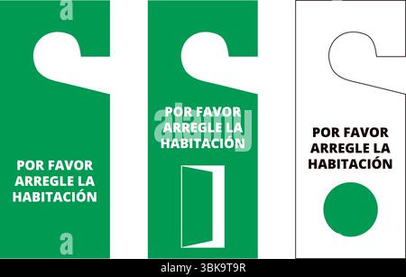 Green and white por favor arregle la habitacion hanger tags on a white background (trad. please make up the room door) Stock Vector