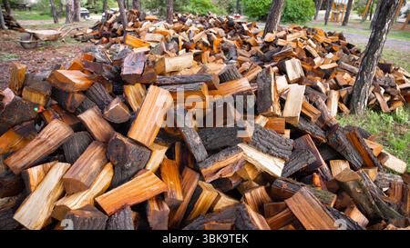 Large pile of firewood ready to be burnt closeup Stock Photo