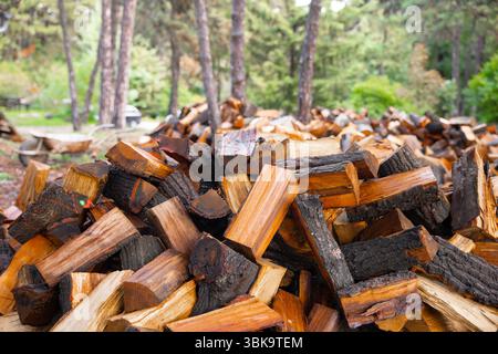 Large pile of firewood ready to be burnt closeup Stock Photo