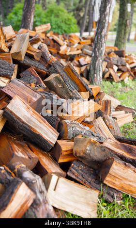 Large pile of firewood ready to be burnt closeup Stock Photo