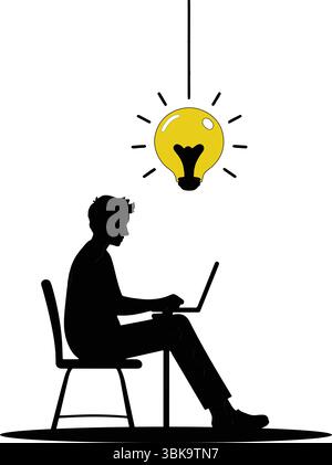 Creative Idea Concept Person Working on Laptop Under Light Bulb Inspiration Icon Stock Vector