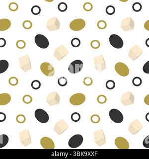 Freehand Cheese cubes in various positions and olives Fruits and sliced Seamless Pattern Food fond. Isolated Vector illustration Healthy Food or Menu Cards Backdrop banner, leaflets, labels, price tag Stock Vector