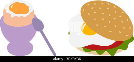 Soft Egg in Egg bowl and Sandwich with Vegetables and Fried Egg Healthy Eating Cards elements Set. Isolated Vector illustration Healthy Food Theme Cards Menu or banner, leaflets, labels, price, poster Stock Vector