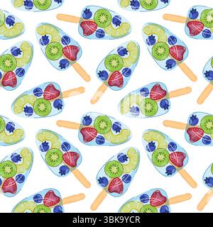Seamless pattern of fruit popsicle with slices of kiwi, pineapple, strawberry and blueberry in cartoon style on white background. Ideal for summer Stock Vector