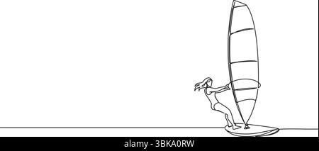 continuous single line drawing of woman windsurfing, line art vector illustration Stock Vector