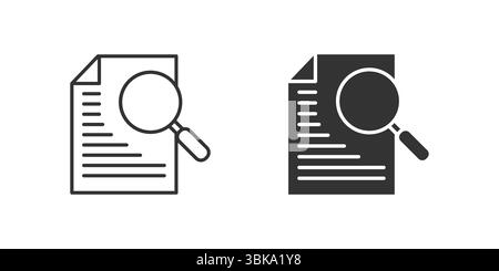 Case Study Icon Set. A black icon of a document with a magnifying glass, representing research. Stock Vector