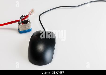 An Ethernet cable with a padlock and computer mouse wrapped around its connector rests on a white background, symbolizing cybersecurity, data protecti Stock Photo