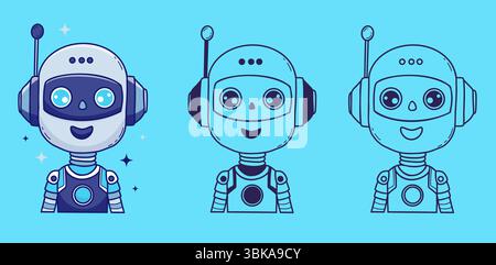 Chatbot Face, Assistant AI robot character set. Vector Outline and color hand drawing Avatar. Isolated symbols for tech support, security, chatbot, fu Stock Vector