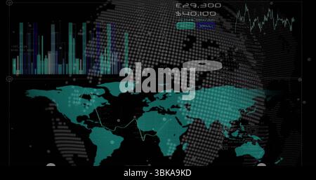 Dashboard displaying teal world map on dark interface, with bar chart, ring chart, buy sell buttons. Financial, analytics, technology, data visualizat Stock Photo