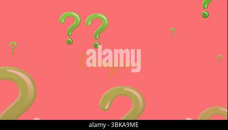 Showing large green question mark icon floating on coral-pink background, with gold cursive Congrat. Abstract, graphic design, modern, celebratory, vi Stock Photo
