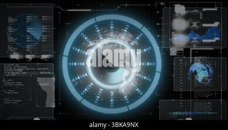 Displaying central holographic globe rotating in console, with concentric rings arrows data panels. Futuristic, immersive, digital, schematic, analyti Stock Photo