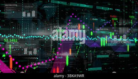 Displaying multicolored candlestick and dotted trend charts on trading dashboard, with world map. Finance, analytics, technology, dashboard, data, inv Stock Photo